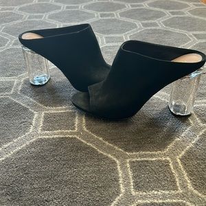 BCBG peep toe slides-lucite heel with gold flecks